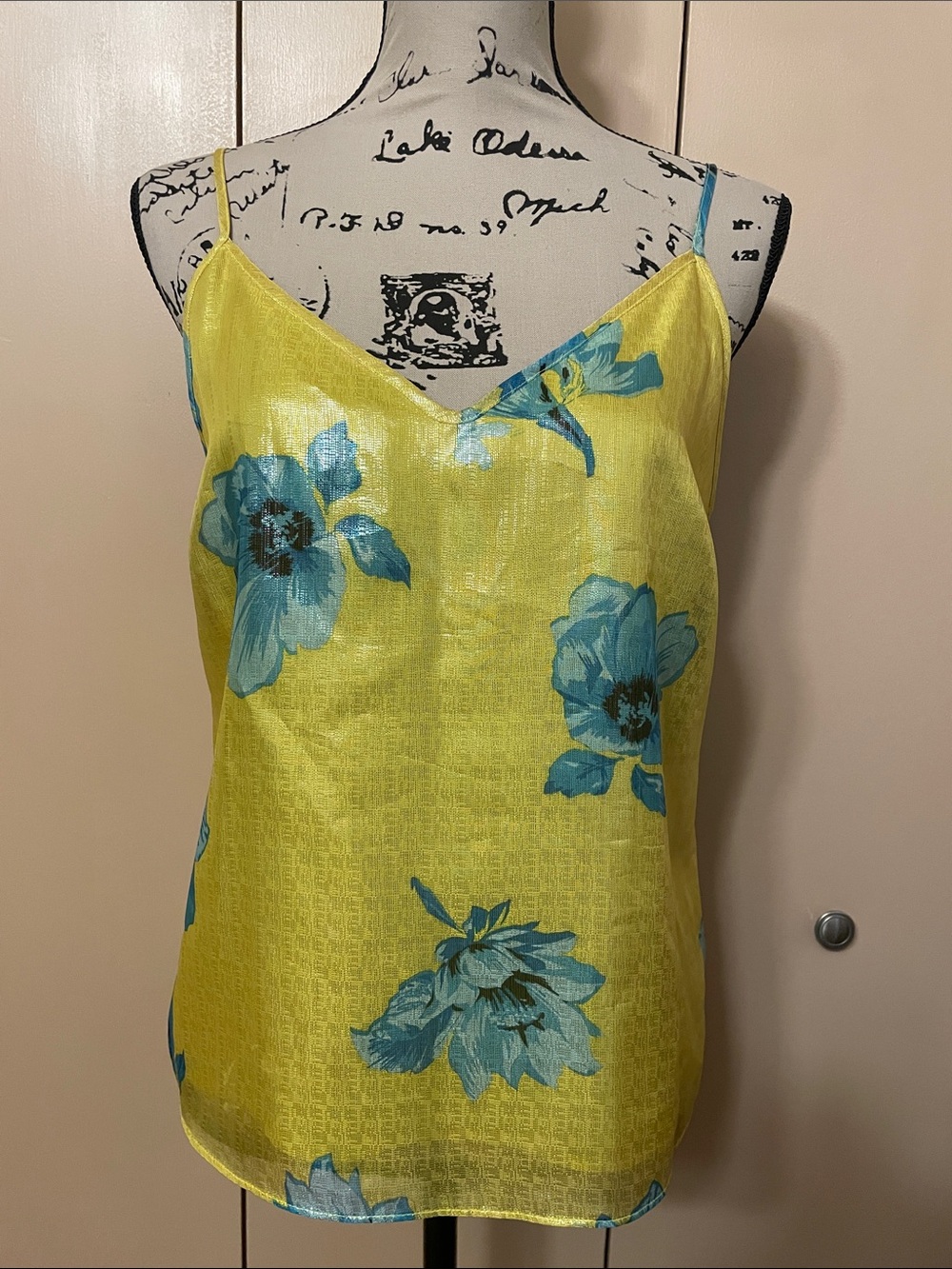 Bar III Yellow Slip Cami with Blue Floral Print